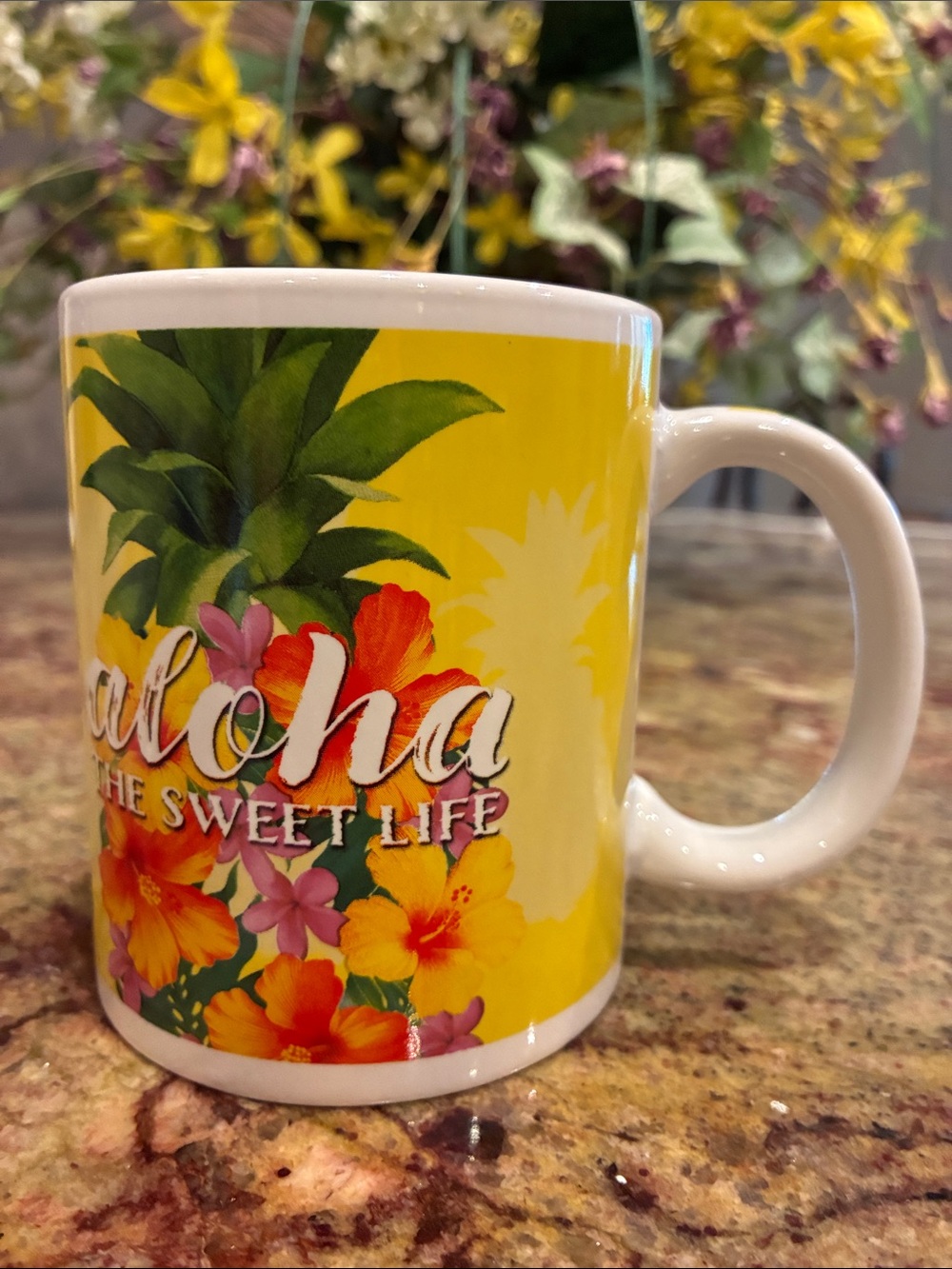 ABC Stores Hawaii Aloha The Sweet Life Pineapple Hibiscus Coffee Yellow Mug